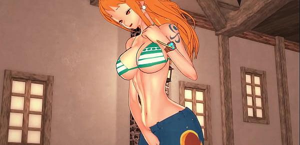  The cute pirate Nami fingers her pussy in a bar - One Piece Hentai.